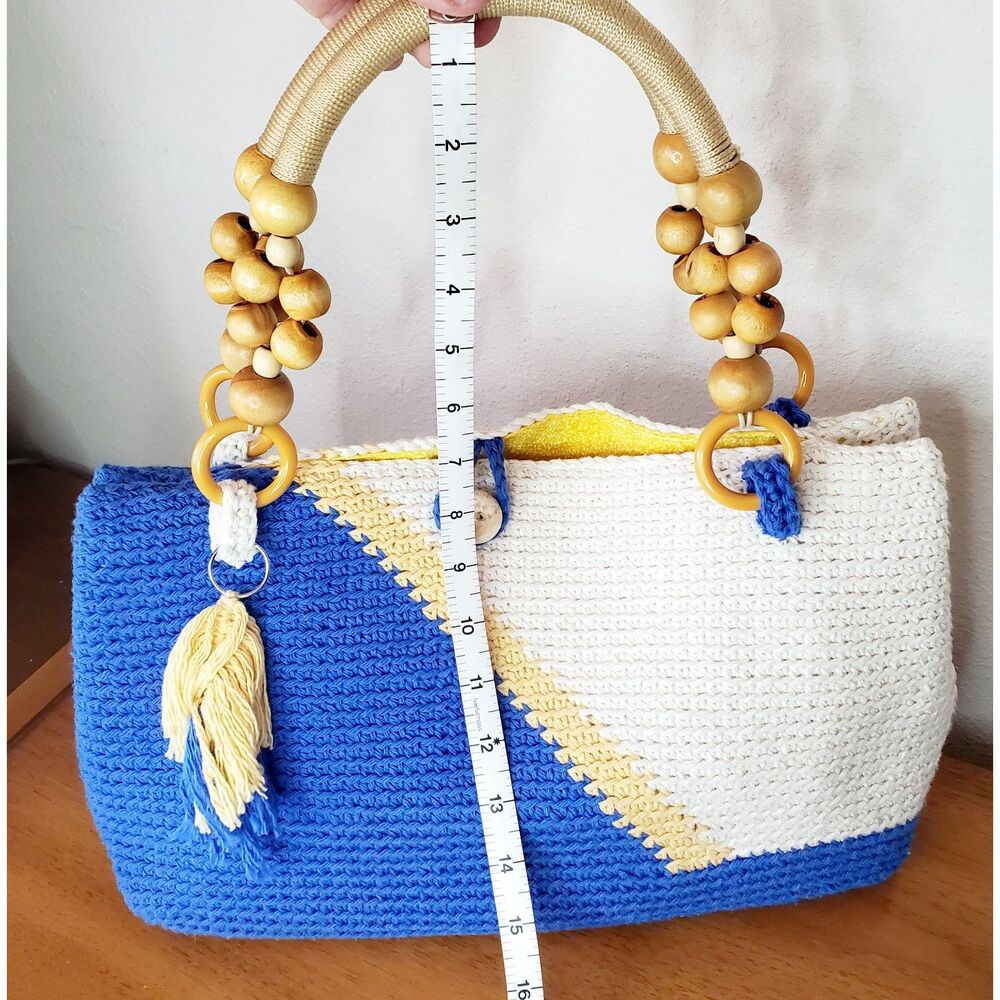 Handmade Knit Crochet Purse Hand Bag Summer Blue White Casual Beach Tiki - Picture 10 of 12